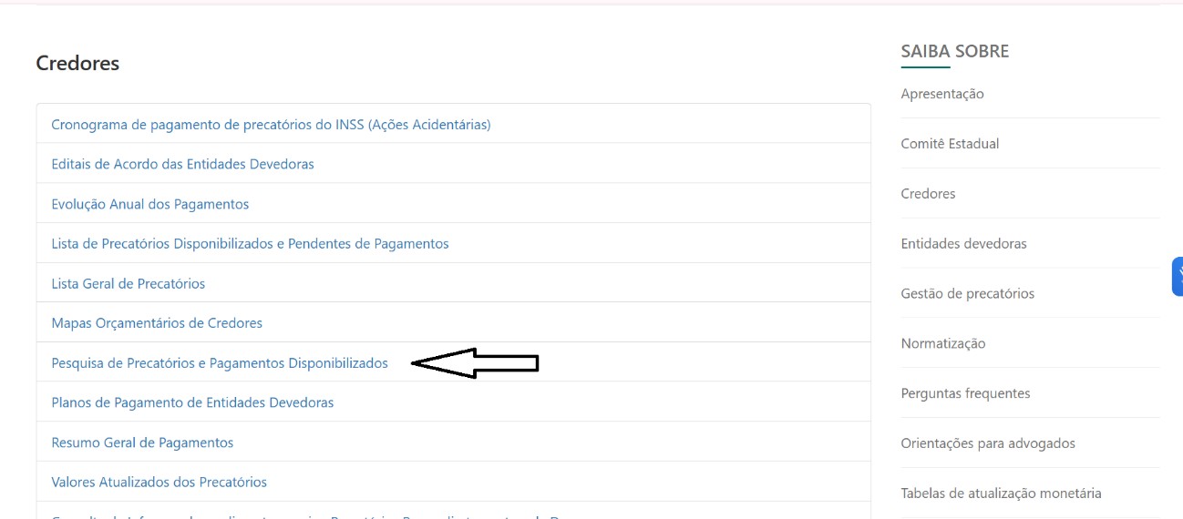 Lista de opções da página Credores com destaque para Pesquisa de Precatórios e Pagamentos Disponibilizados