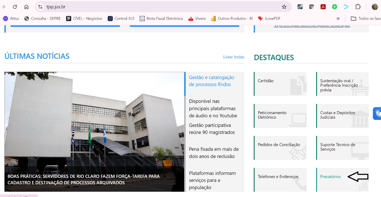 Página inicial do TJSP mostrando o bloco DESTAQUES com o ícone Precatórios