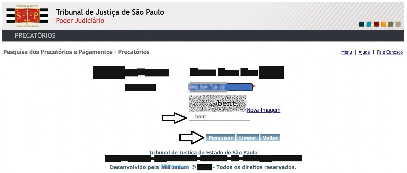 Formulário do TJSP com opções de pesquisa por Número, Nome ou CPF e campo de verificação