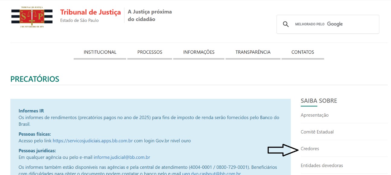 Página de Precatórios com o menu lateral SAIBA SOBRE destacando a opção Credores